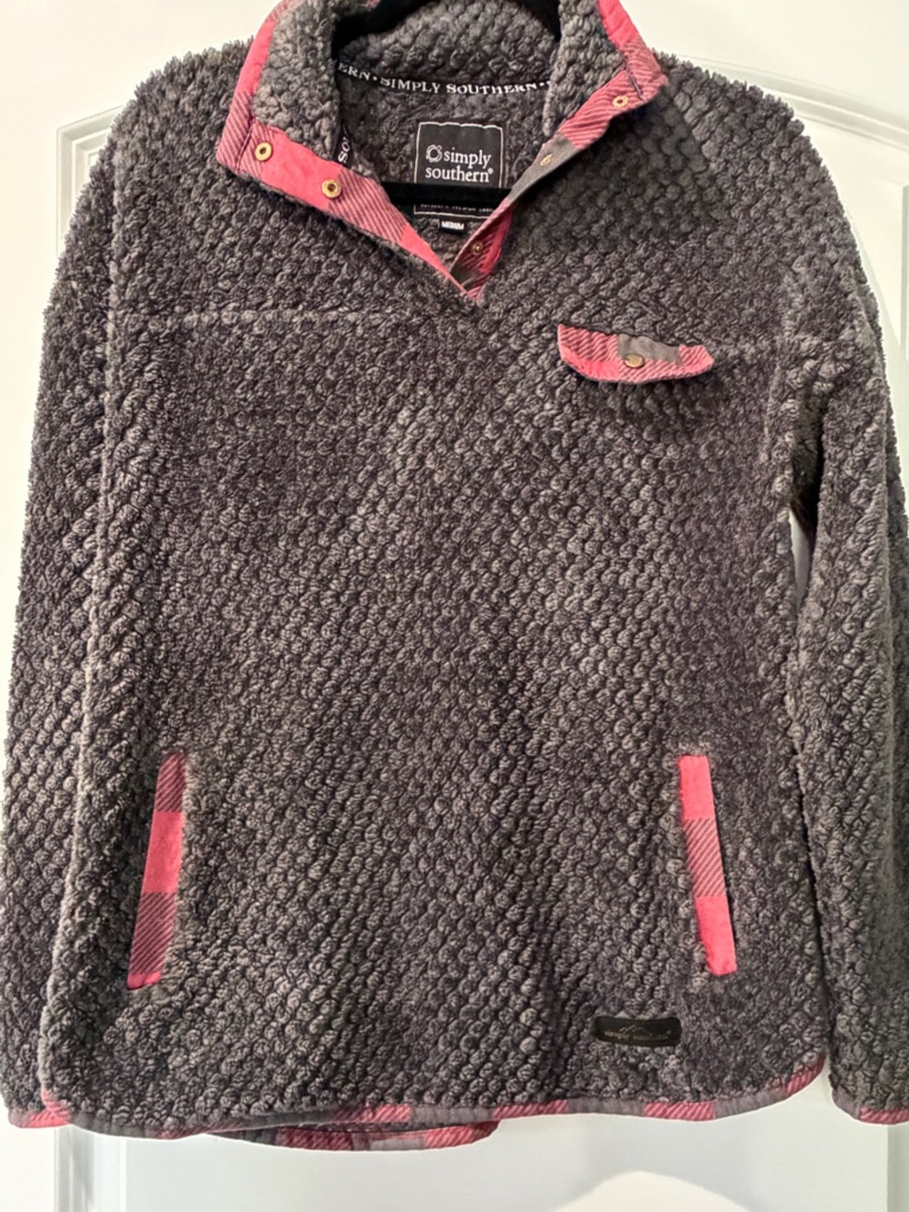 Simply Southern Black Sherpa Pullover with Buffalo Plaid Accent (M)
